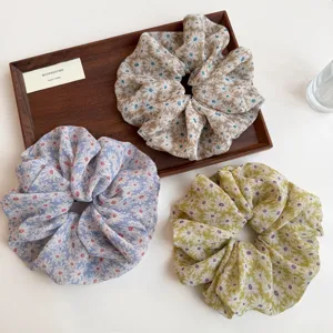 Floral scrunchies set, vintage daisy print hair ties, elegant elastic hair accessories.