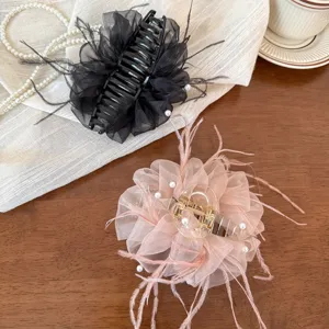 Elegant mesh feather pearl hair claw large shark clip for women aesthetic stylish hair accessories.