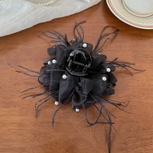 Black mesh feather pearl hair claw clip large hair accessory shark clip for elegant styling