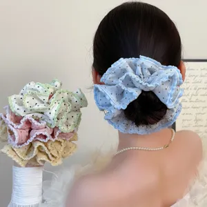 Sweet Mesh Polka Dot Double Layer Hair Scrunchie Soft Elastic Ruffle Hair Tie Bun Ponytail Holder Elegant Hair Accessories For Women