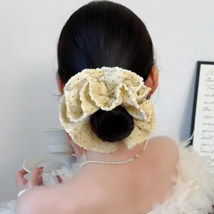 Sweet polka dot hair scrunchie for women, elegant double-layer ruffled hair tie bun maker.