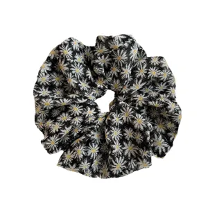 Floral daisy print hair scrunchie black elastic hair tie for women hair accessories