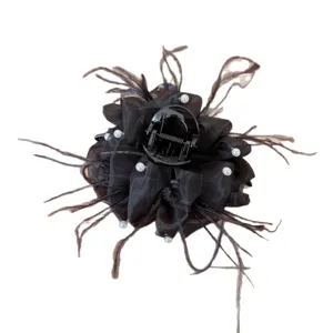 Black mesh feather pearl hair claw clip large shark clip elegant hair accessories for women