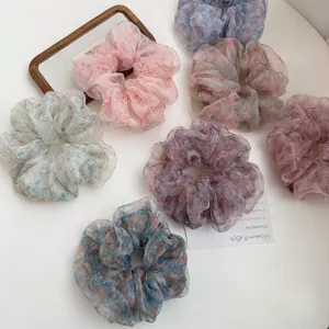 Floral organza hair scrunchies for women, soft elastic hair ties and cute ponytail holders.