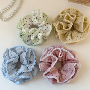 Sweet polka dot scrunchies set double layer ruffles hair ties for women and girls.