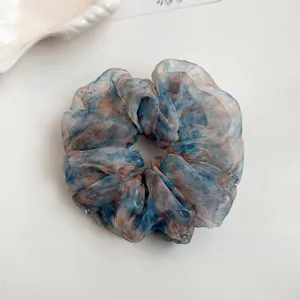 Elegant organza floral print hair scrunchie, soft blue and brown tie-dye hair tie for women.