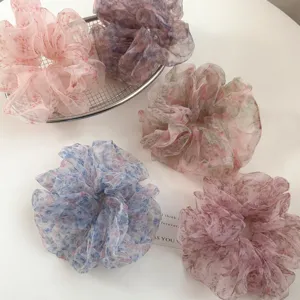 Koreanischer Stil blumige Organza große Haargummis vintage fluffige Haarbänder Damen.