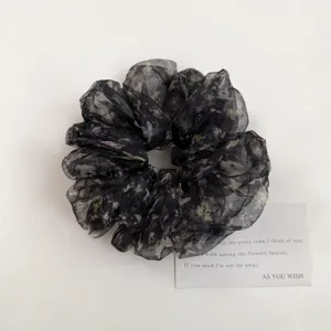 Koreanischer Blumen Organza Haargummi Vintage Oelmalerei flauschiges Haargummi stilvoll