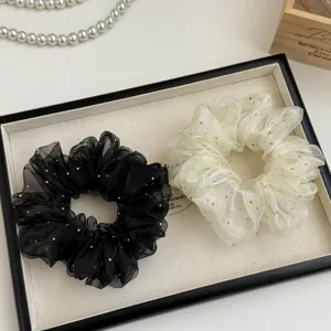 Korean style organza mesh hair scrunchie with sparkling dots, elegant hair tie for women detail.