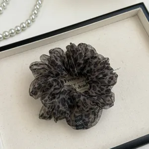 Korean style leopard print organza hair scrunchie, fluffy mesh hair band for women hair.
