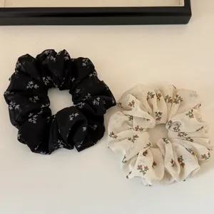 Korean floral organza hair scrunchies set, elegant bubble mesh ponytail holders for women.