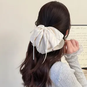 Élégante pince à cheveux nœud en tissu rayé français, détail accessoire de coiffure chic.