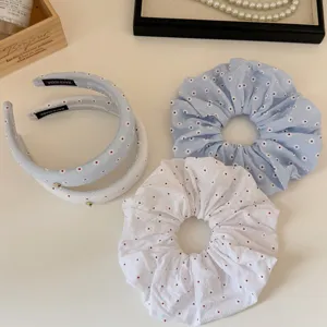 Korean Style Daisy Print Fabric Hair Scrunchie Rhinestone Heart Embellished Headband Sweet Floral Hair Band Women Accessories