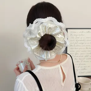 Elegant satin polka dot lace hair scrunchie with pearls, chic bun hair accessory for women.
