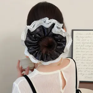 Satin polka dot scrunchie with lace ruffle and pearls for women elegant hair accessory