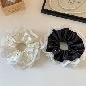 Satin polka dot lace hair scrunchies with pearl details, elegant hair accessories set.