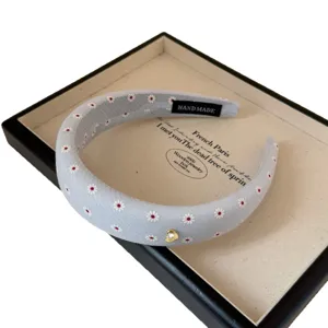 Korean style sweet blue fabric daisy embroidered headband with cute crystal heart charm.
