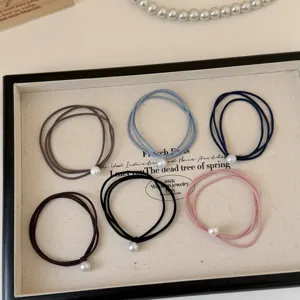 Elegant French Hepburn Style Fabric Hair Scrunchies Elastic Rubber Band Hair Ties With Artificial Pearl For Women Girls