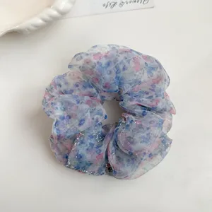 Floral sheer organza hair scrunchie with sparkling rhinestones, fluffy Korean style.
