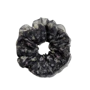 Elegant black floral organza scrunchie with rhinestones, fluffy Korean style hair tie for women.
