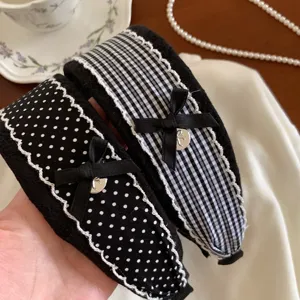 Women Fashion Black White Polka Dot Lace Wide Headband Sweet Bow Knot Stripe Grid Fabric Hair Band Korean Style Hair Accessories