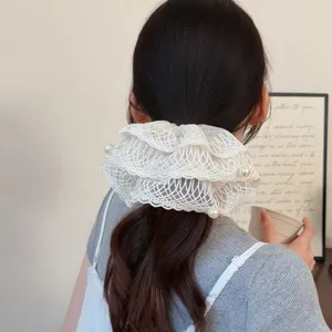 White lace pearl hair scrunchie detail view, elegant sweet pony tail holder for women daily wear.