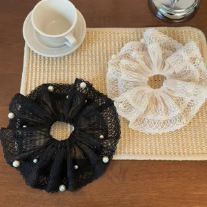 French vintage lace pearl hair scrunchies set, elegant sweet ponytail holder hair accessories.