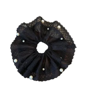 Elegant black lace hair scrunchie with artificial pearls, vintage elastic ponytail holder.