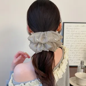 Διαφανές scrunchie μαλλιών σιφόν με πέρλες κομψό στήριγμα αλογοουράς γαλλικό αξεσουάρ