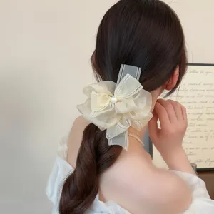 Chouchou de cheveux en résille avec ruban et perle, accessoire de coiffure de fée.