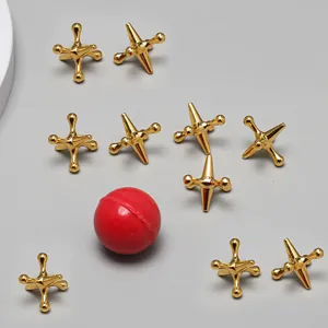 Gold metal jacks game set with red bouncing ball desktop toy children intelligence