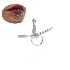 Punk style non-piercing lip clip detail, unique minimalist design silver lip cuff jewelry.