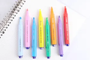 Close-up detail of colorful highlighters set on grid notebook for student journaling notes.