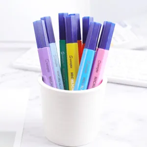 Colorful highlighter pens set with white pen holder desk organizer for students studying.