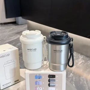 Portable stainless steel vacuum insulated coffee travel mug 420ml with lid and strap