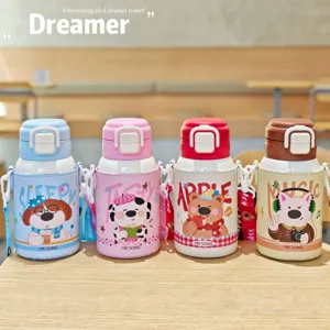 Niedliche Kinder Thermosflasche mit Strohhalm und Lederhülle, Edelstahl Cartoon Becher für Kinder.