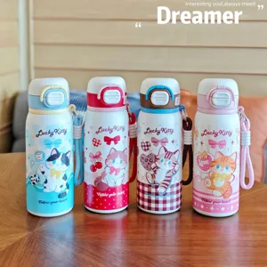 Cute cartoon cat thermos bottle stainless steel vacuum straw cup with portable strap