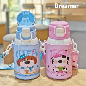 Niedliche Kinder Thermosflasche Edelstahl Vakuum Strohhalm Becher mit süßer Cartoon Hund Hülle.