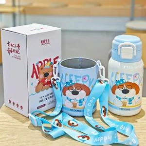 Süßer Cartoon Kinder Thermobecher mit Tragegurt, Edelstahl Vakuum Trinkflasche Detailansicht.