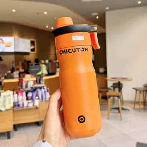 Outdoor stainless steel sports thermos water bottle in bright orange with straw lid design.
