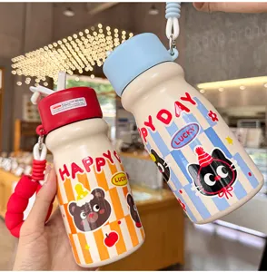 Creative cute vacuum thermos water bottle with straw and portable rope, ideal student gift cup.