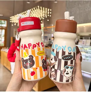 Cute cartoon thermos water bottle with straw and strap, portable insulated cup for students