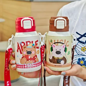 Kinder Isolierflasche 316 Edelstahl Vakuum Thermoskanne Süß Cartoon Tragbare Reise Schule Trinkgeschirr Mit Strohhalm