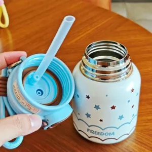Borraccia bambini in acciaio inossidabile con cannuccia e coperchio, tazza termica per scuola.