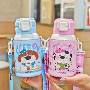 Niedliche Cartoon Edelstahl Vakuum Thermosflasche mit Tragegurt und Trinkhalm Becher.
