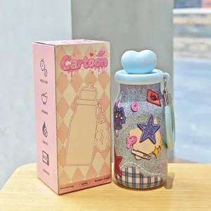 Botella térmica de mezclilla creativa con parche de estrella y tapa de corazón 400ml.