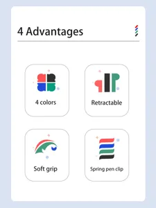 Gel pen detail infographic highlighting four key features including colors, soft grip and clip.