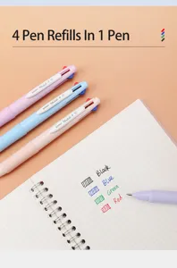 4-in-1 multi-color gel pen set, pastel barrels, black blue green red ink writing detail.