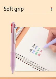 Retractable multi-color gel pen with soft grip and 0.5mm fine tip for smooth writing.