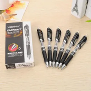 Black gel ink pen set detailed view with box presentation, smooth writing fine tip stationery.